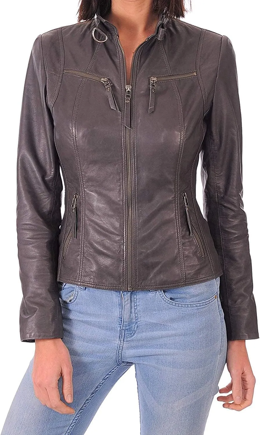 LL LEATHER LOVERS Women's Lambskin Leather Bomber Biker Jacket