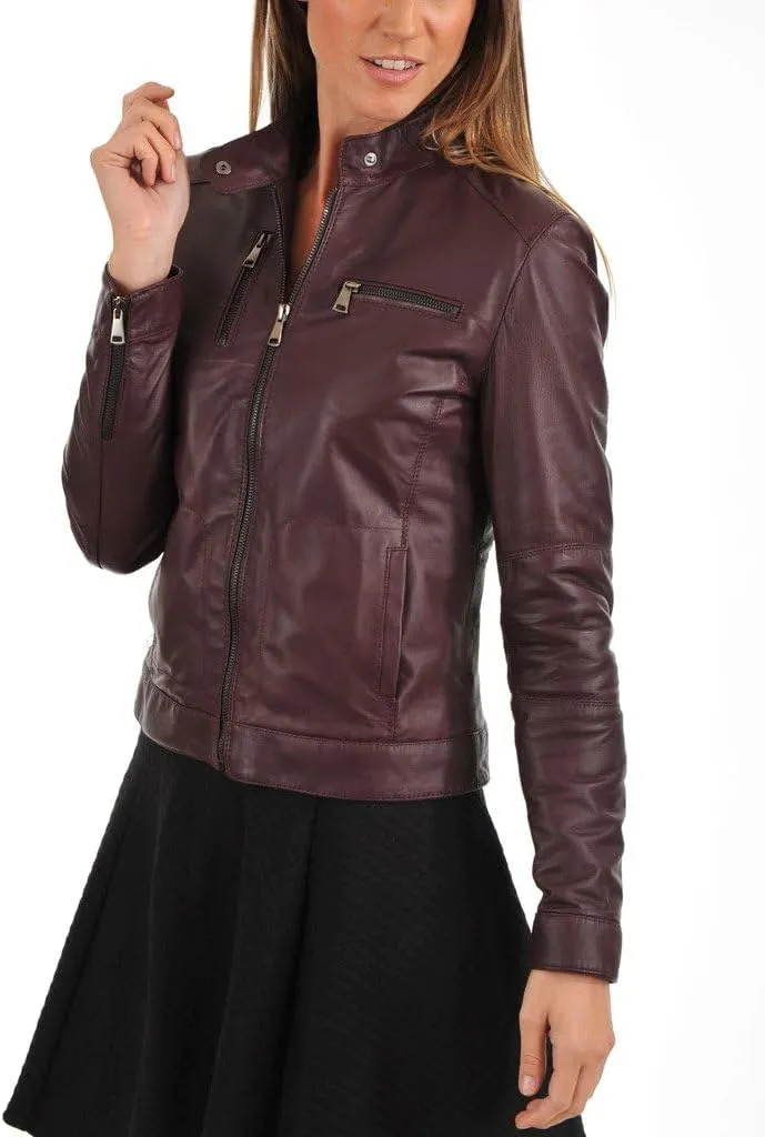 LL LEATHER LOVERS Women's Lambskin Leather Bomber Biker Jacket