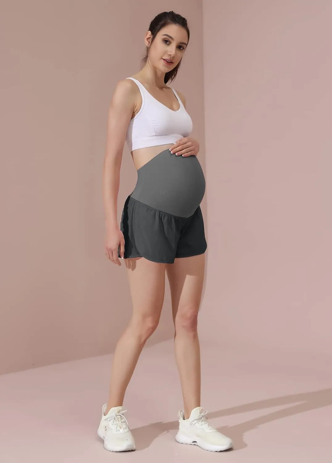 Maacie Women Maternity Layered Fast Drying Yoga Shorts with Liner Inner Pocket
