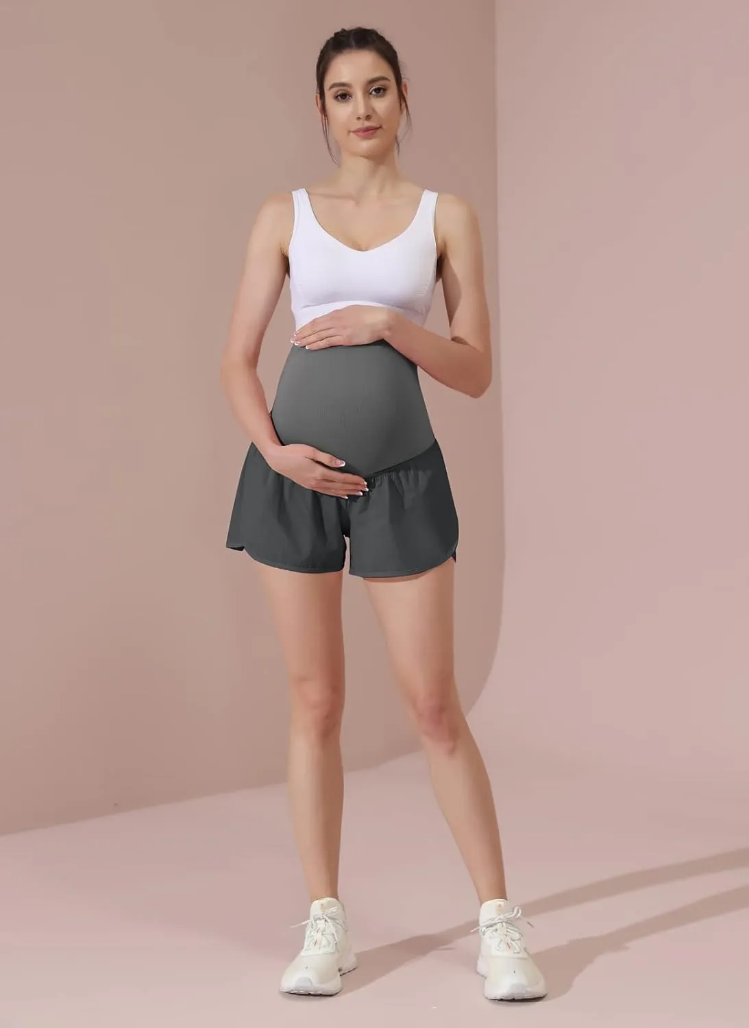 Maacie Women Maternity Layered Fast Drying Yoga Shorts with Liner Inner Pocket