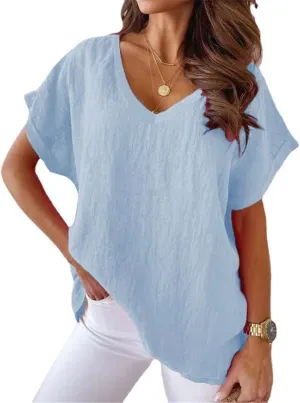 Mayntop Women Plus Size Cotton Linen Solid Color/Print Loose Summer V-Neck T-Shirt Top Short Sleeve Blouse