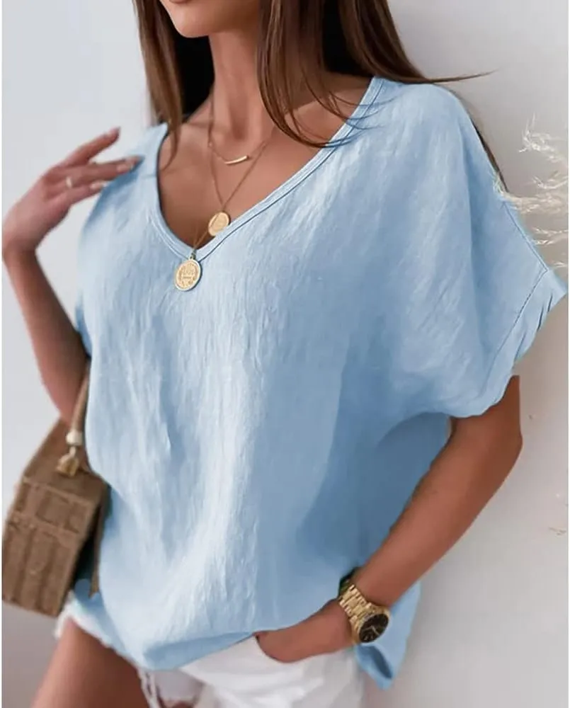 Mayntop Women Plus Size Cotton Linen Solid Color/Print Loose Summer V-Neck T-Shirt Top Short Sleeve Blouse