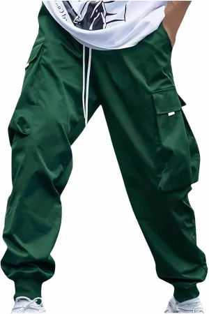 Men Belted Foot Cargo Pants Elastic Waist Slacks Pants Drawstring Gym Pants Outdoor Relaxed Fit Pants Comfy Pants