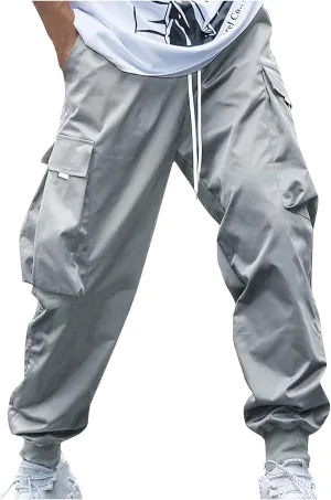 Men Belted Foot Cargo Pants Elastic Waist Slacks Pants Drawstring Gym Pants Outdoor Relaxed Fit Pants Comfy Pants