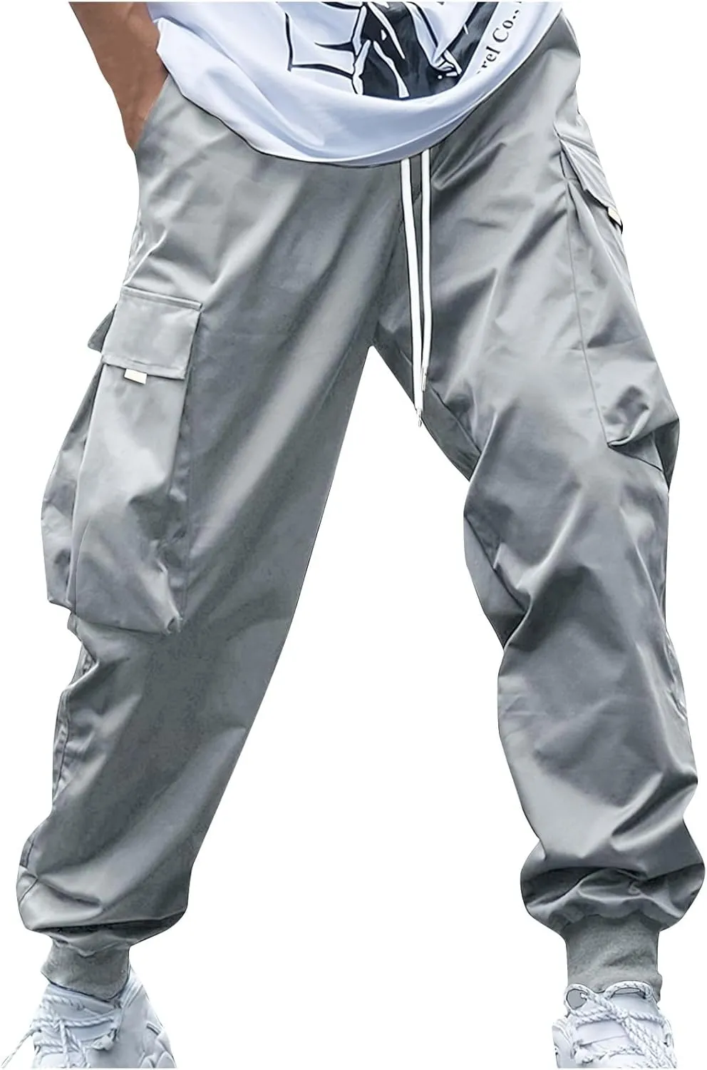 Men Belted Foot Cargo Pants Elastic Waist Slacks Pants Drawstring Gym Pants Outdoor Relaxed Fit Pants Comfy Pants