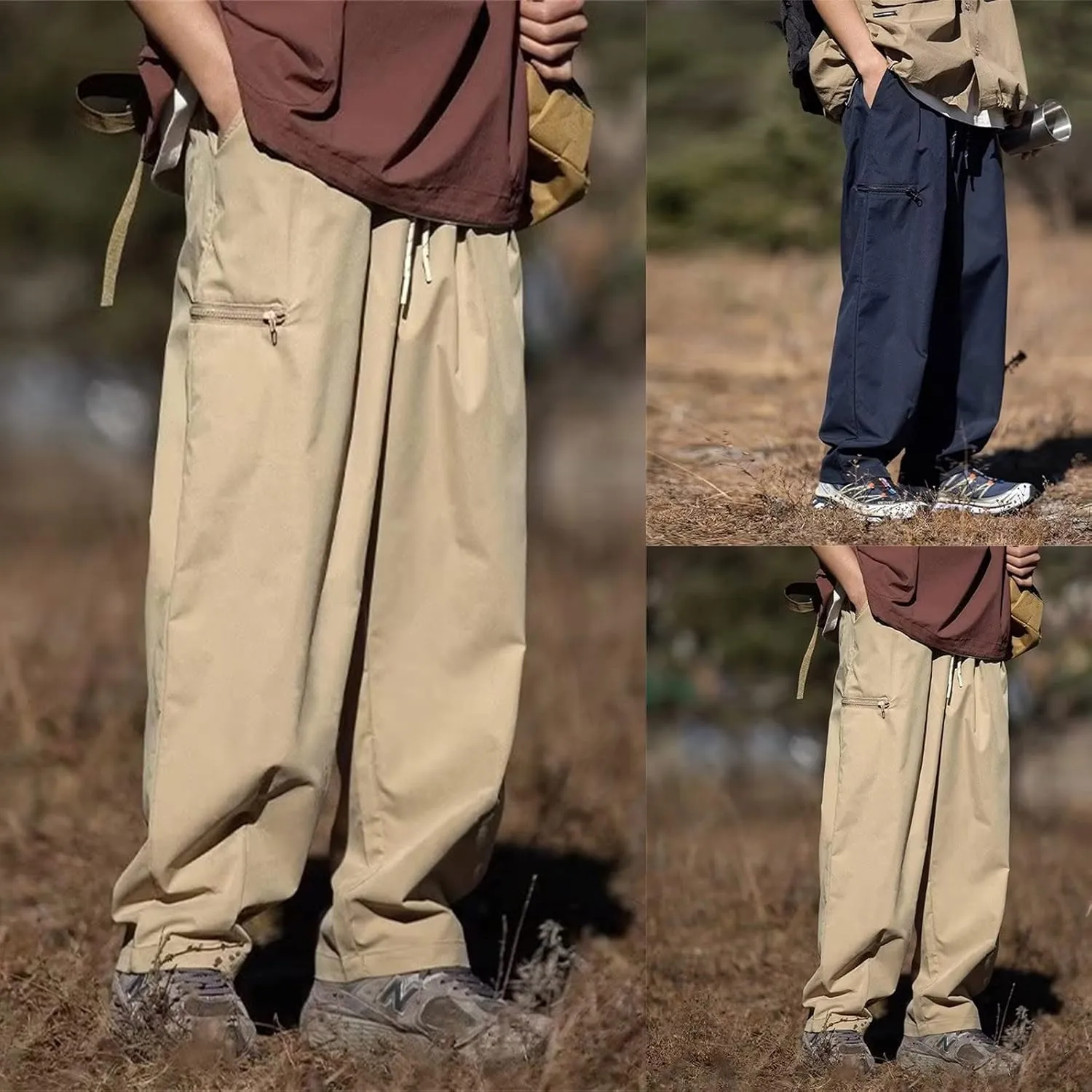 Men Cargo Pant Lightweight Tactical Hiking Jogger Pant Relaxed Fit Sport Drawstring Outdoor Trousers with Zip Pockets