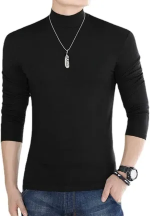 Men Long Sleeve T-Shirts Solid Color Mock Neck Pure Cotton Slim Fit Men Shirts Tops