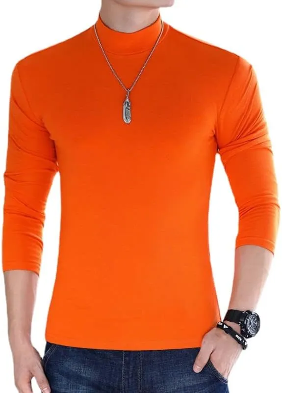 Men Long Sleeve T-Shirts Solid Color Mock Neck Pure Cotton Slim Fit Men Shirts Tops