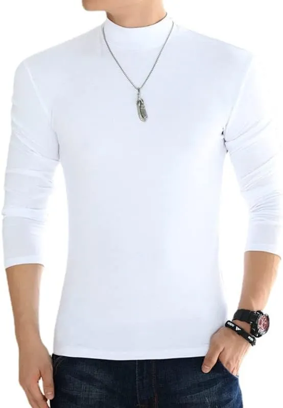 Men Long Sleeve T-Shirts Solid Color Mock Neck Pure Cotton Slim Fit Men Shirts Tops