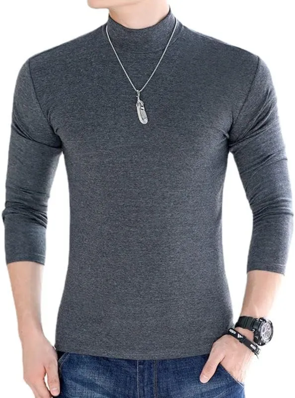 Men Long Sleeve T-Shirts Solid Color Mock Neck Pure Cotton Slim Fit Men Shirts Tops