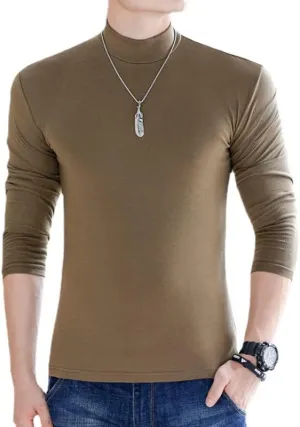 Men Long Sleeve T-Shirts Solid Color Mock Neck Pure Cotton Slim Fit Men Shirts Tops