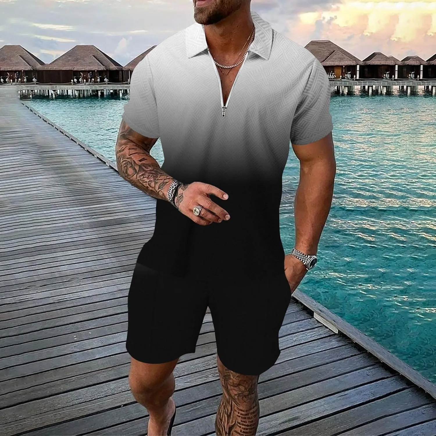 Men Track Suits 2 Piece Set Summer Casual Outfits Fashion Polo Shirts Short Sleeve and Shorts Set Clothes