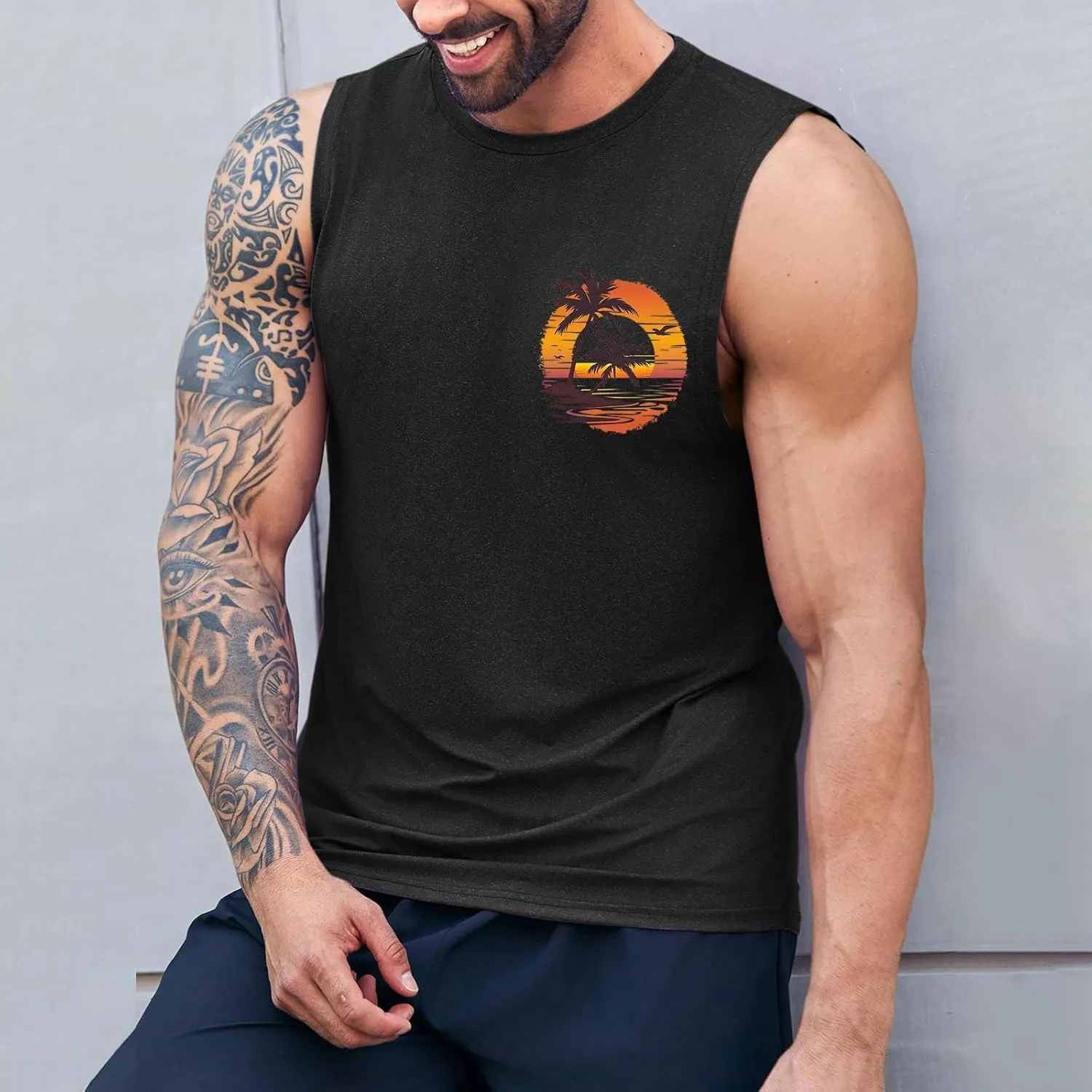 Mens Beach Tank Tops Fashion Graphic Fitness Mesh Breathable Quick Drying Solid Color Sleeveless Tank Top For Men
