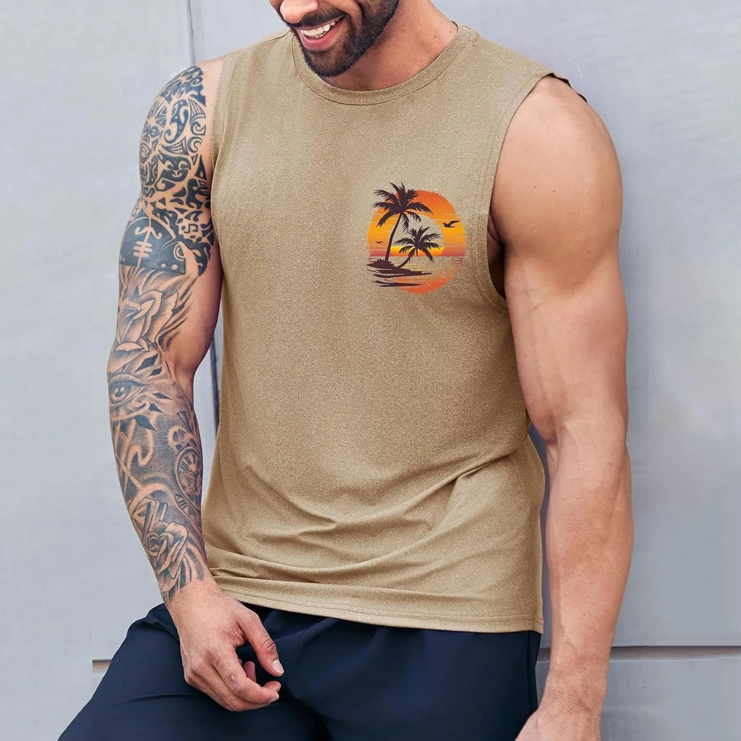 Mens Beach Tank Tops Fashion Graphic Fitness Mesh Breathable Quick Drying Solid Color Sleeveless Tank Top For Men