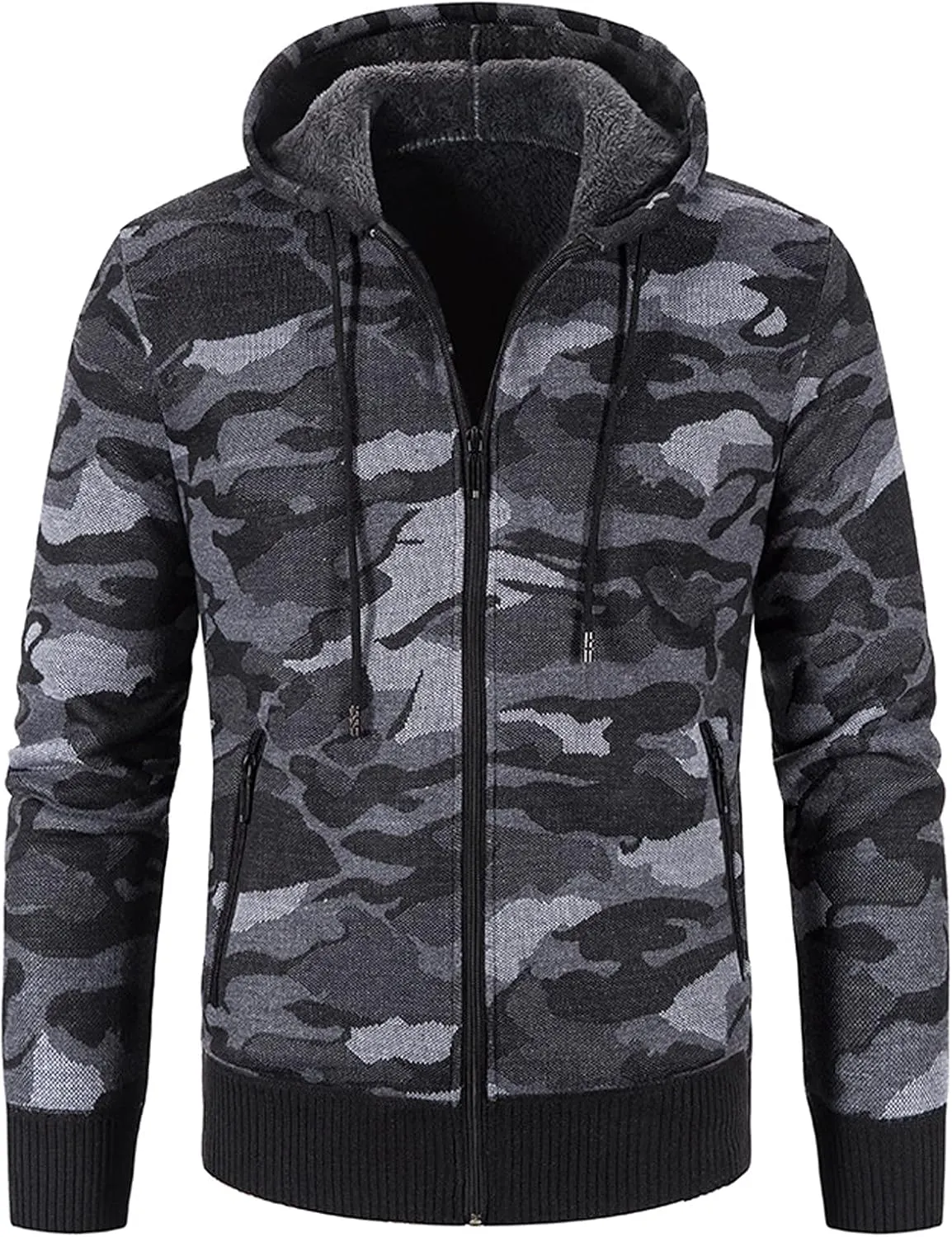 Mens Camo Hooded Cardigan Sweater Coats Heavy Warm Sherpa Fleece Lined Stripe Hoodie Jackets Zip Up Thick Sweatshirt