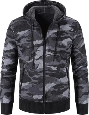 Mens Camo Hooded Cardigan Sweater Coats Heavy Warm Sherpa Fleece Lined Stripe Hoodie Jackets Zip Up Thick Sweatshirt
