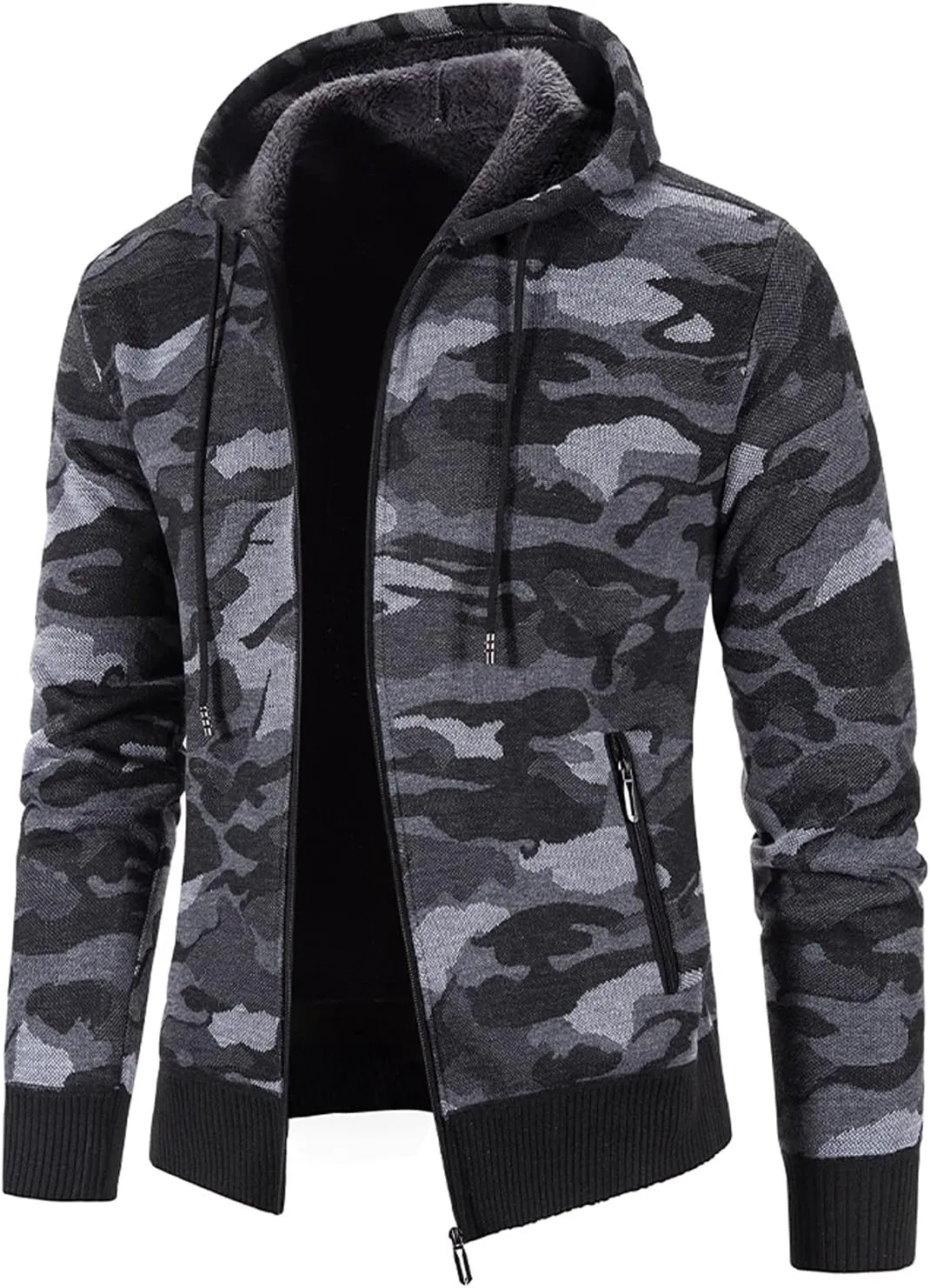 Mens Camo Hooded Cardigan Sweater Coats Heavy Warm Sherpa Fleece Lined Stripe Hoodie Jackets Zip Up Thick Sweatshirt