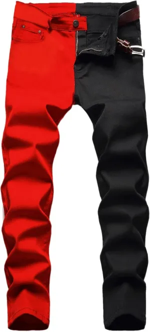 Men's Color Block Patched Skate Jeans Loose Casual Denim Trousers Straight Leg Frayed Patch Work Pants