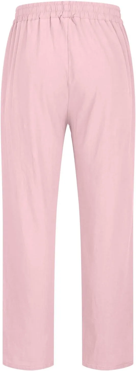 Mens Cotton Linen Drawstring Pants Fashion Elastic Waist Pant Summer Business Casual Trousers Vacation Outing Clothes