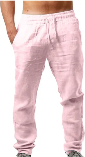 Mens Cotton Linen Drawstring Pants Fashion Elastic Waist Pant Summer Business Casual Trousers Vacation Outing Clothes