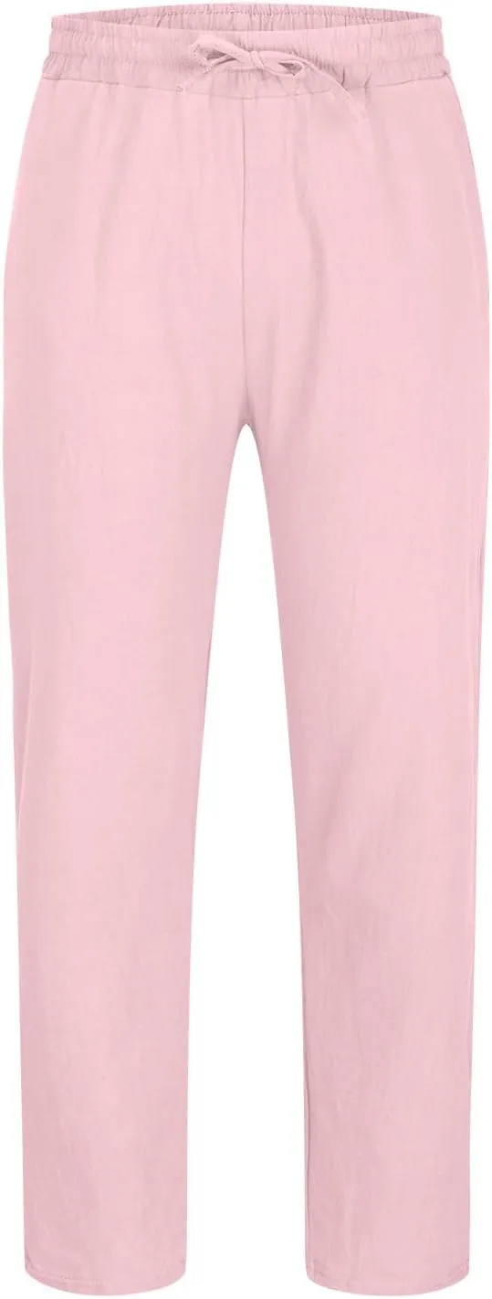 Mens Cotton Linen Drawstring Pants Fashion Elastic Waist Pant Summer Business Casual Trousers Vacation Outing Clothes