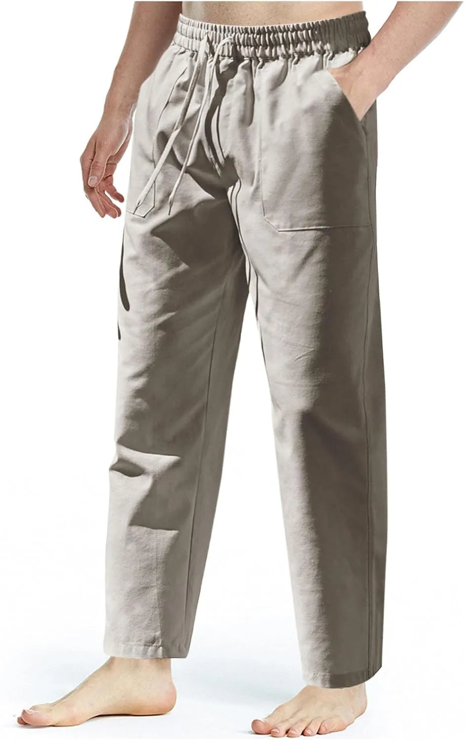 Men's Cotton Linen Pants Casual Work Pant Spring Business Elastic Drawstring Waist Trousers 2025 Solid Comfy Outfits