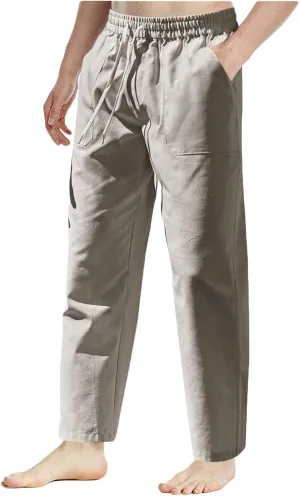 Men's Cotton Linen Pants Casual Work Pant Spring Business Elastic Drawstring Waist Trousers 2025 Solid Comfy Outfits