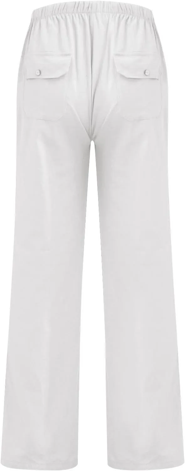 Men's Cotton Linen Pants Elastic Waist Drawstring Pants Lightweight Casual Pants Summer Beach Pants with Pockets