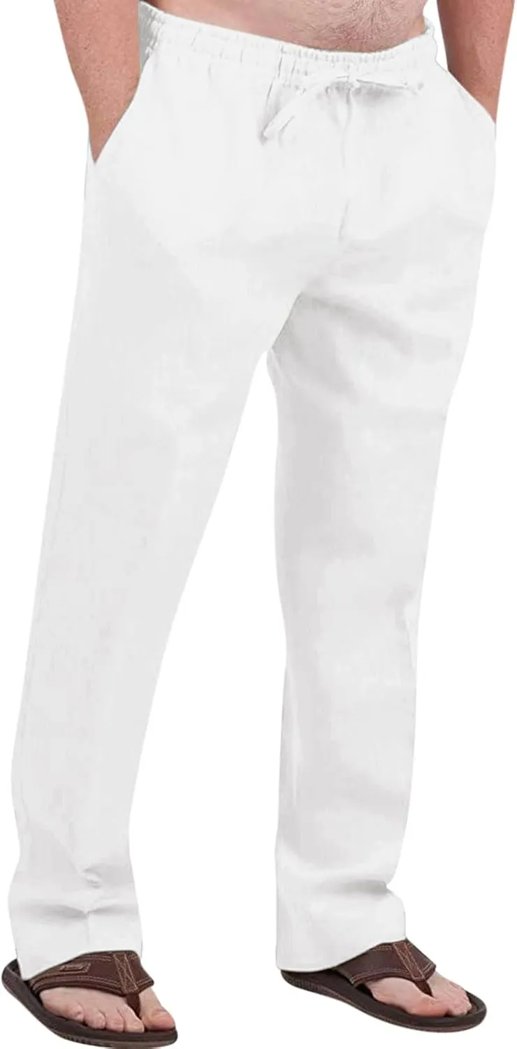 Men's Cotton Linen Pants Elastic Waist Drawstring Pants Lightweight Casual Pants Summer Beach Pants with Pockets