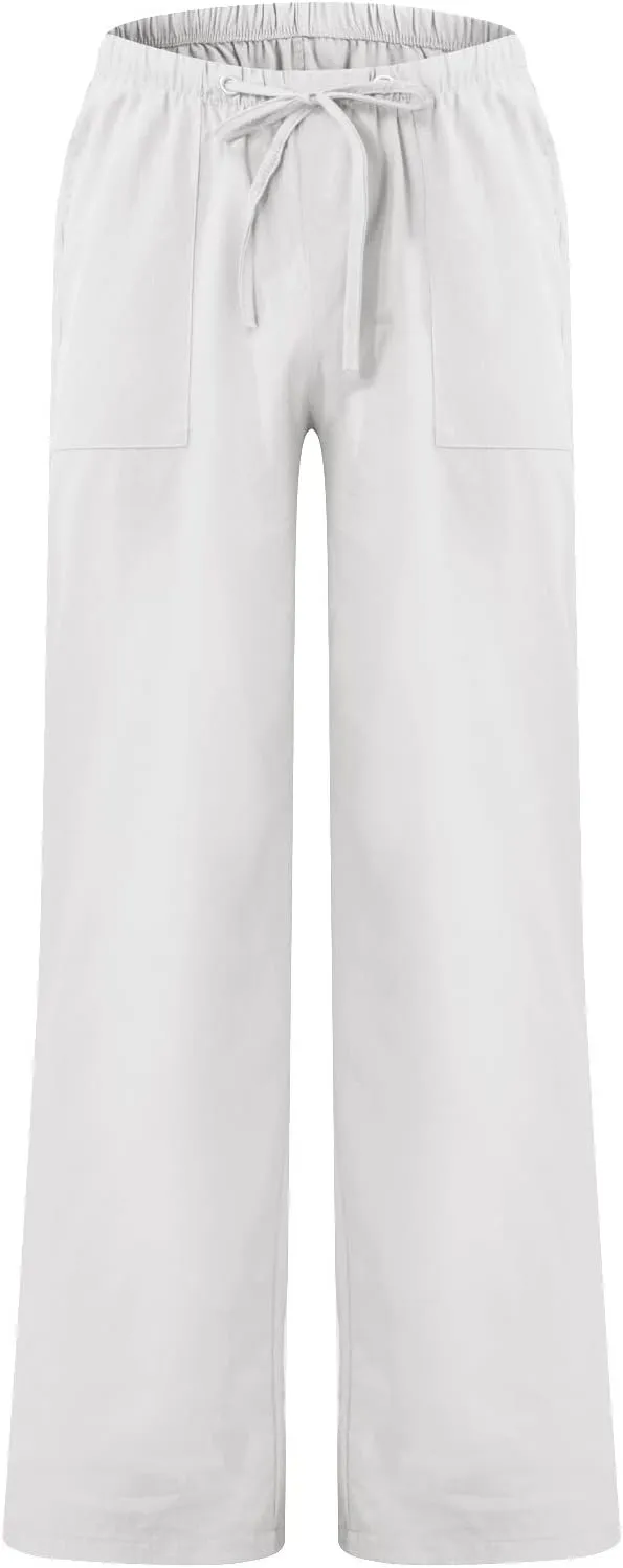 Men's Cotton Linen Pants Elastic Waist Drawstring Pants Lightweight Casual Pants Summer Beach Pants with Pockets