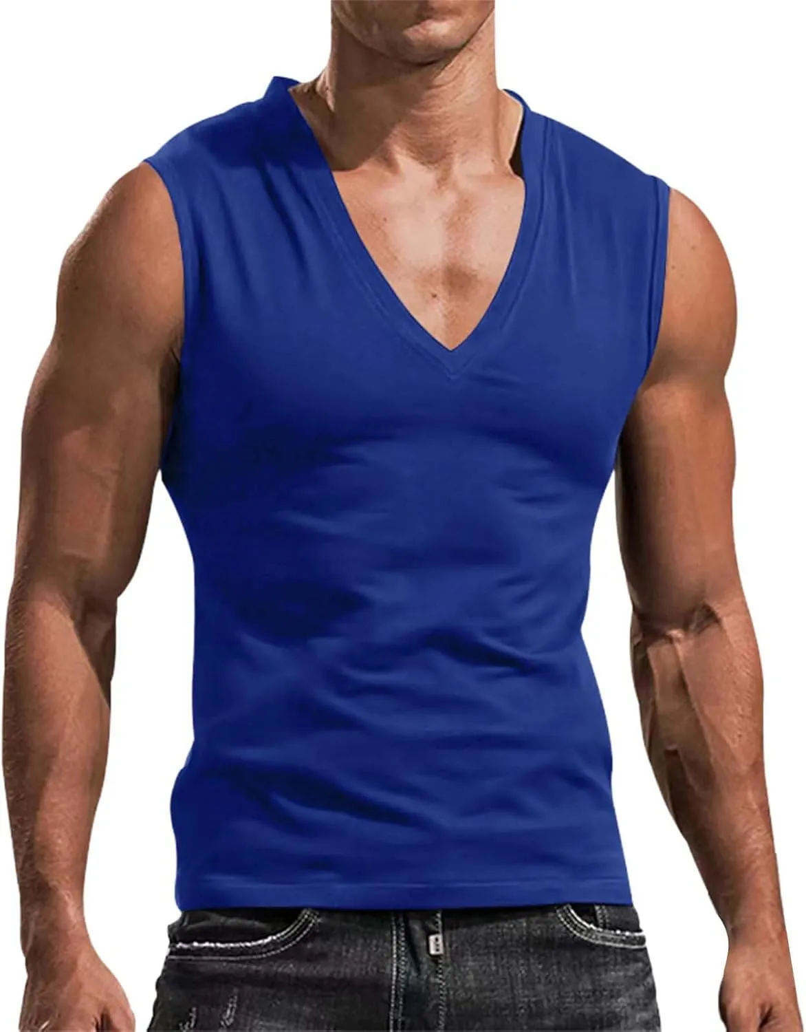 Mens Deep V Neck Tank Tops, Stretch Muscle Gym Workout Sleeveless Slim Fit Low Cut Tank Tops for Summer Beach