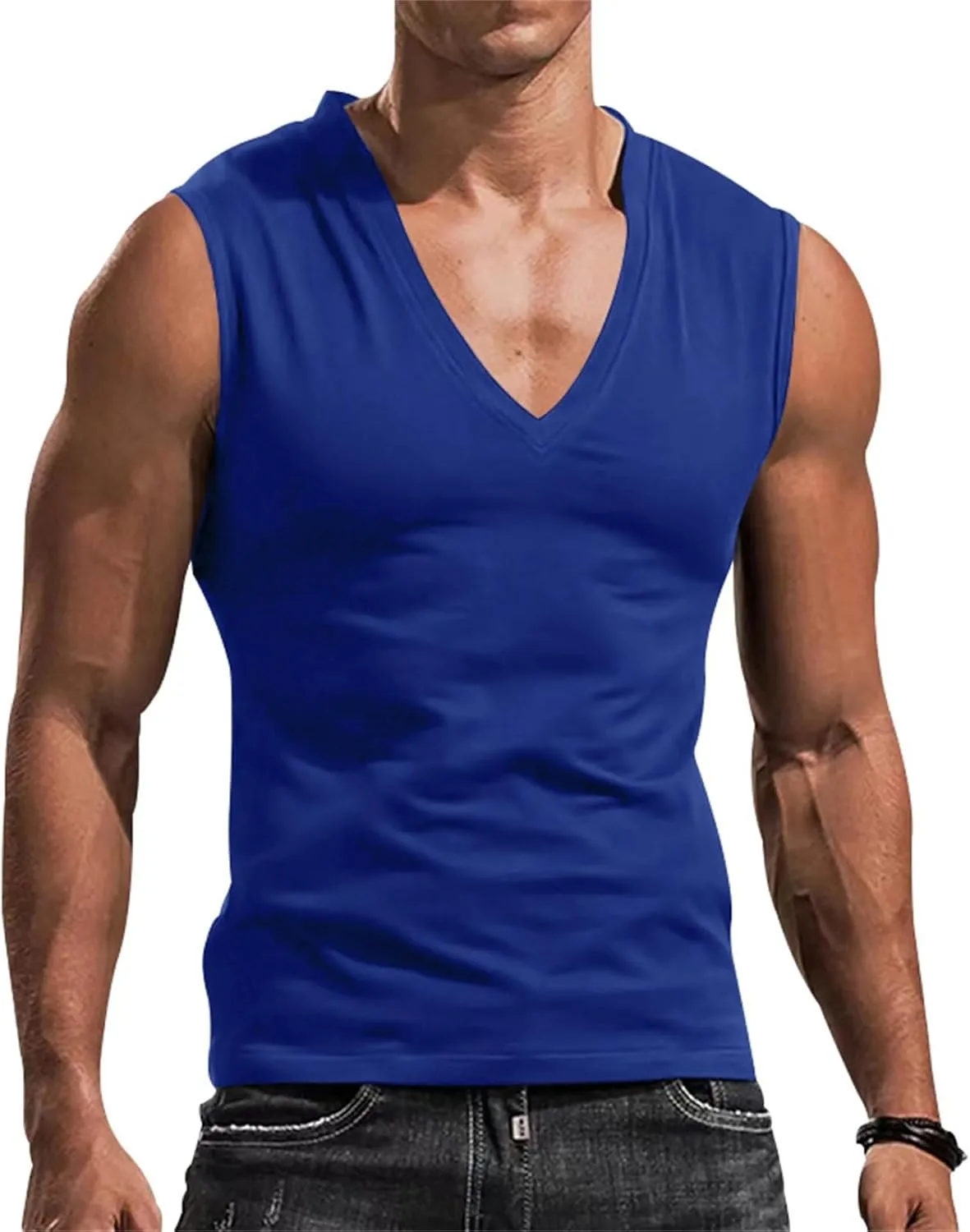 Mens Deep V Neck Tank Tops, Stretch Muscle Gym Workout Sleeveless Slim Fit Low Cut Tank Tops for Summer Beach