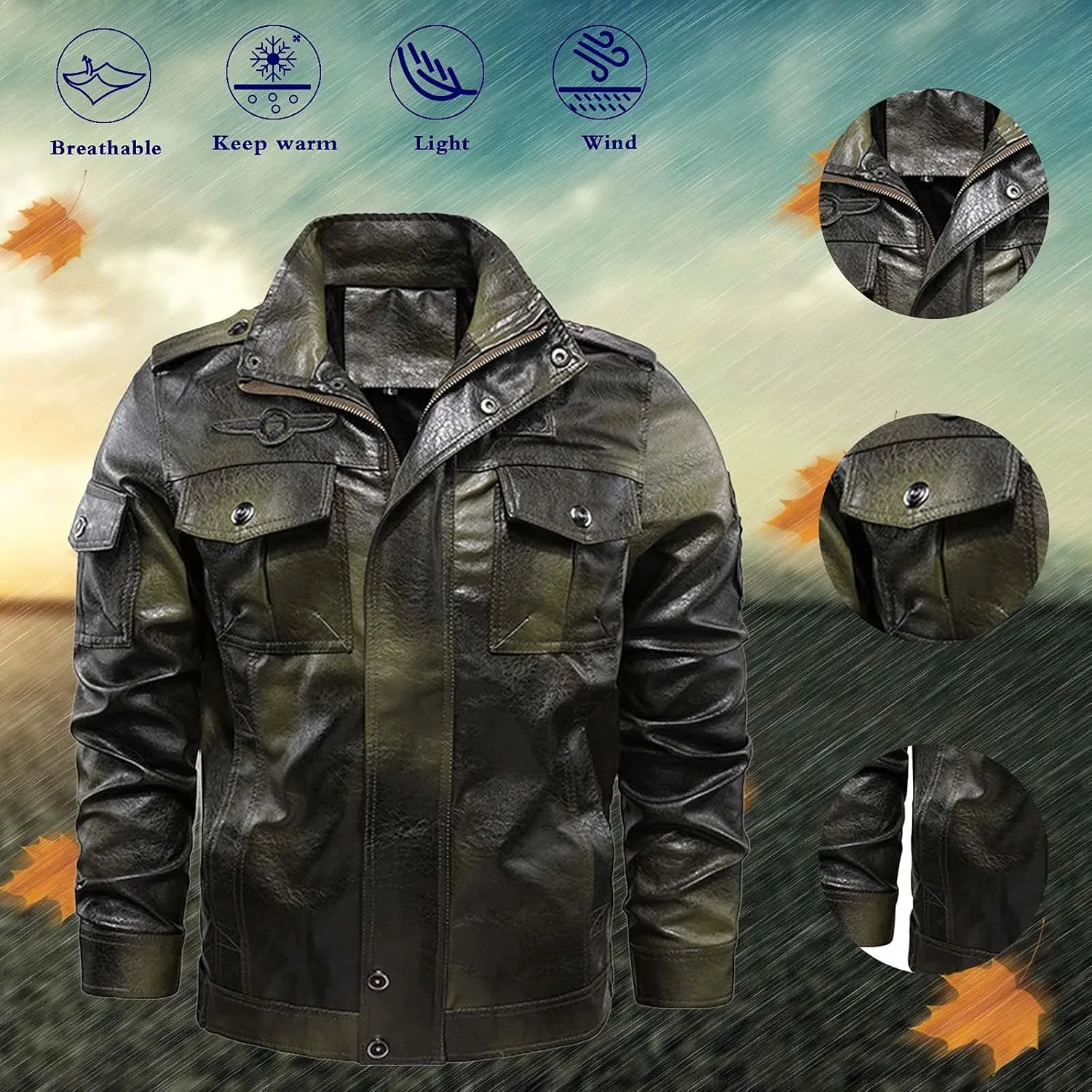 Mens Faux Leather Hooded Racer Jacket Leather Moto Jacket Fall Winter Leather Jackets Vintage Casual Motorcycle Coat