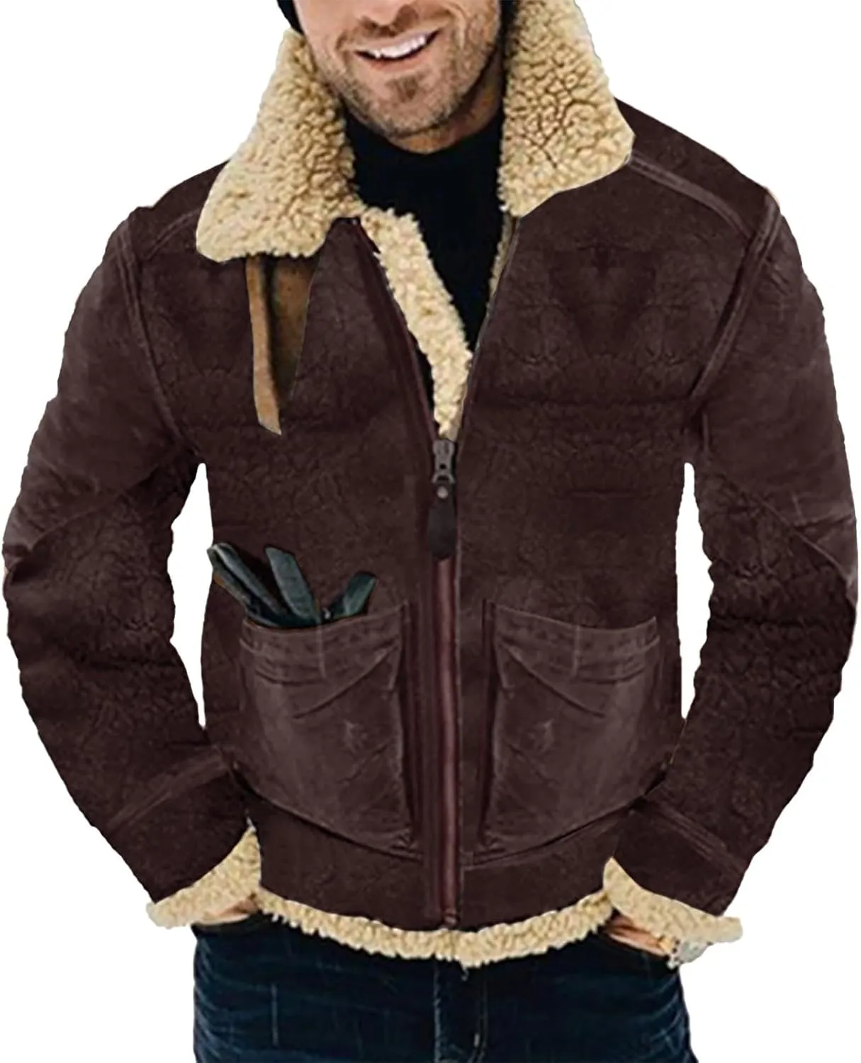 Mens Faux Suede Varsity Bomber Jacket Turn-Down Collar Zip Up Trucker Jackets Winter Warm Sherpa Lined Jacket Coats
