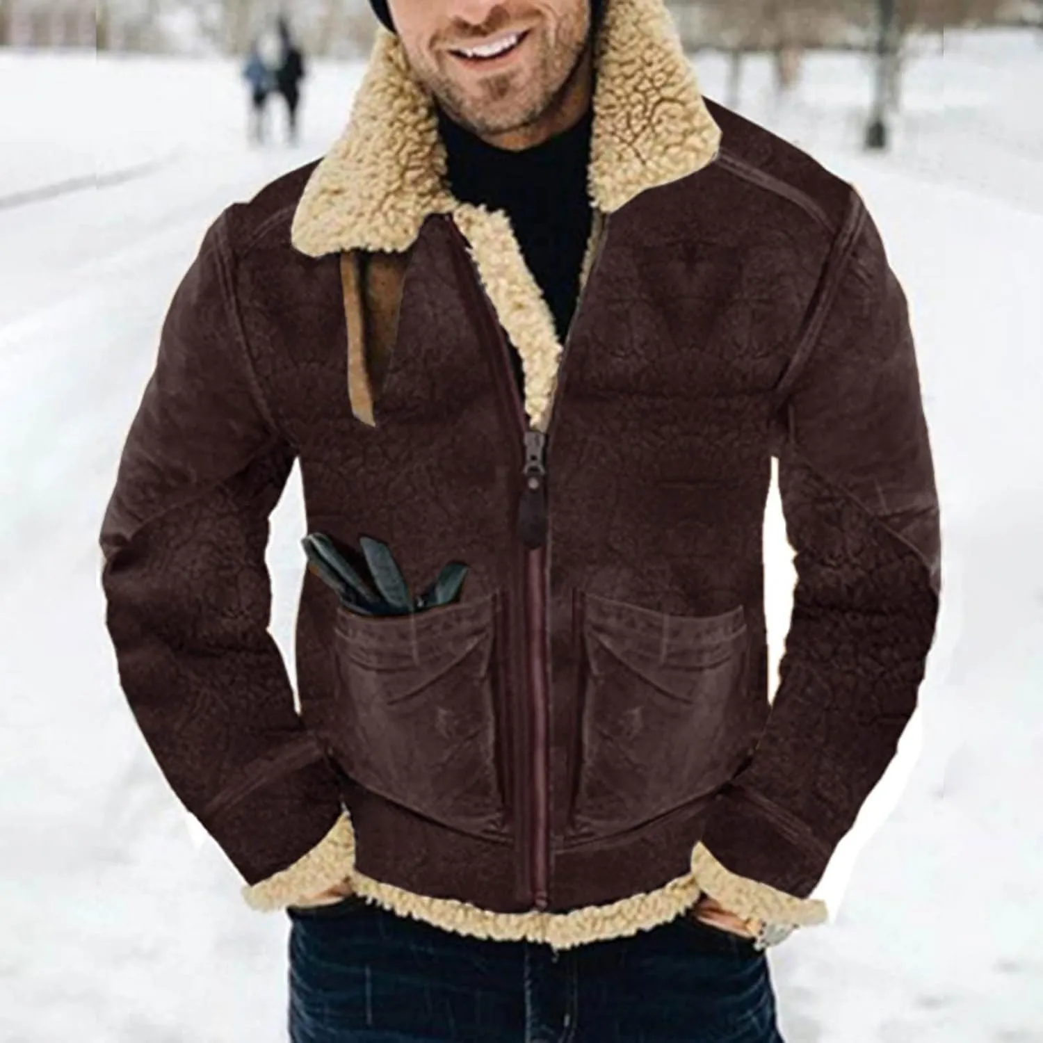 Mens Faux Suede Varsity Bomber Jacket Turn-Down Collar Zip Up Trucker Jackets Winter Warm Sherpa Lined Jacket Coats