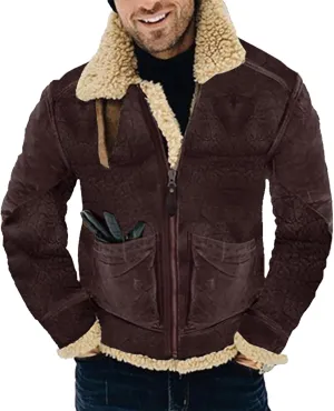 Mens Faux Suede Varsity Bomber Jacket Turn-Down Collar Zip Up Trucker Jackets Winter Warm Sherpa Lined Jacket Coats
