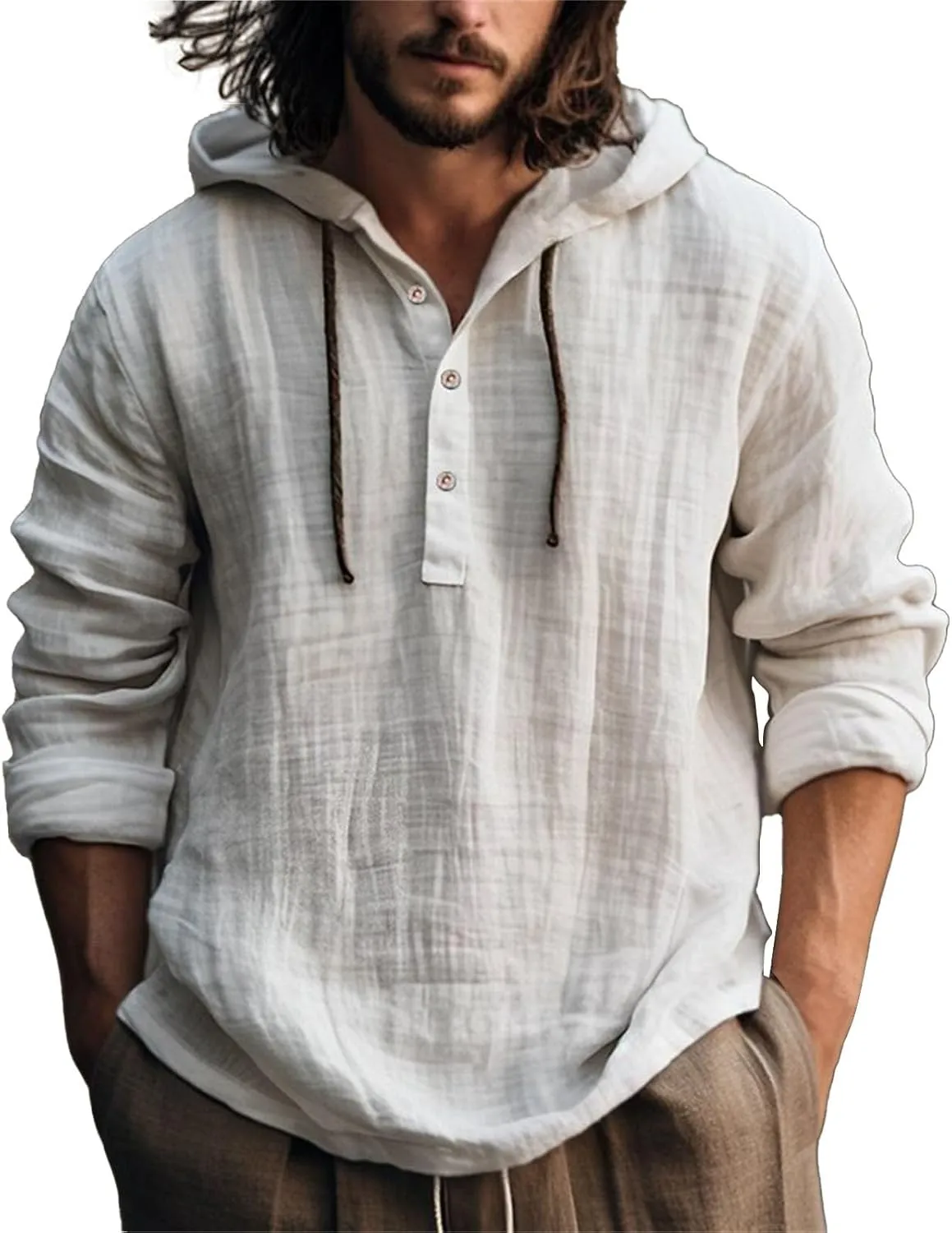 Mens Linen Hippie Guayabera Shirts with Hood Long Sleeve Beach Button Up Hooded Sweatshirts V Neck Casual Yoga Shirts