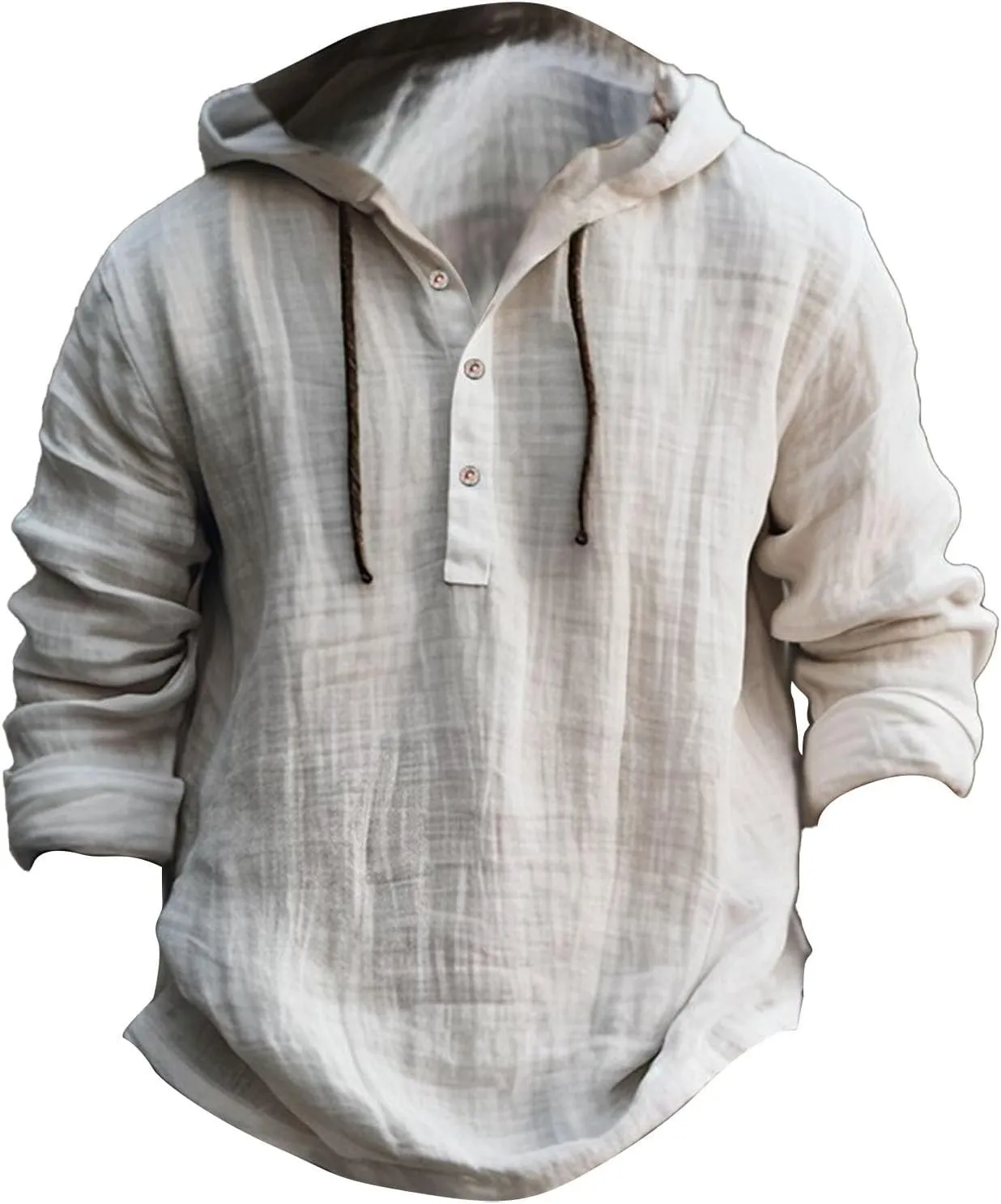 Mens Linen Hippie Guayabera Shirts with Hood Long Sleeve Beach Button Up Hooded Sweatshirts V Neck Casual Yoga Shirts