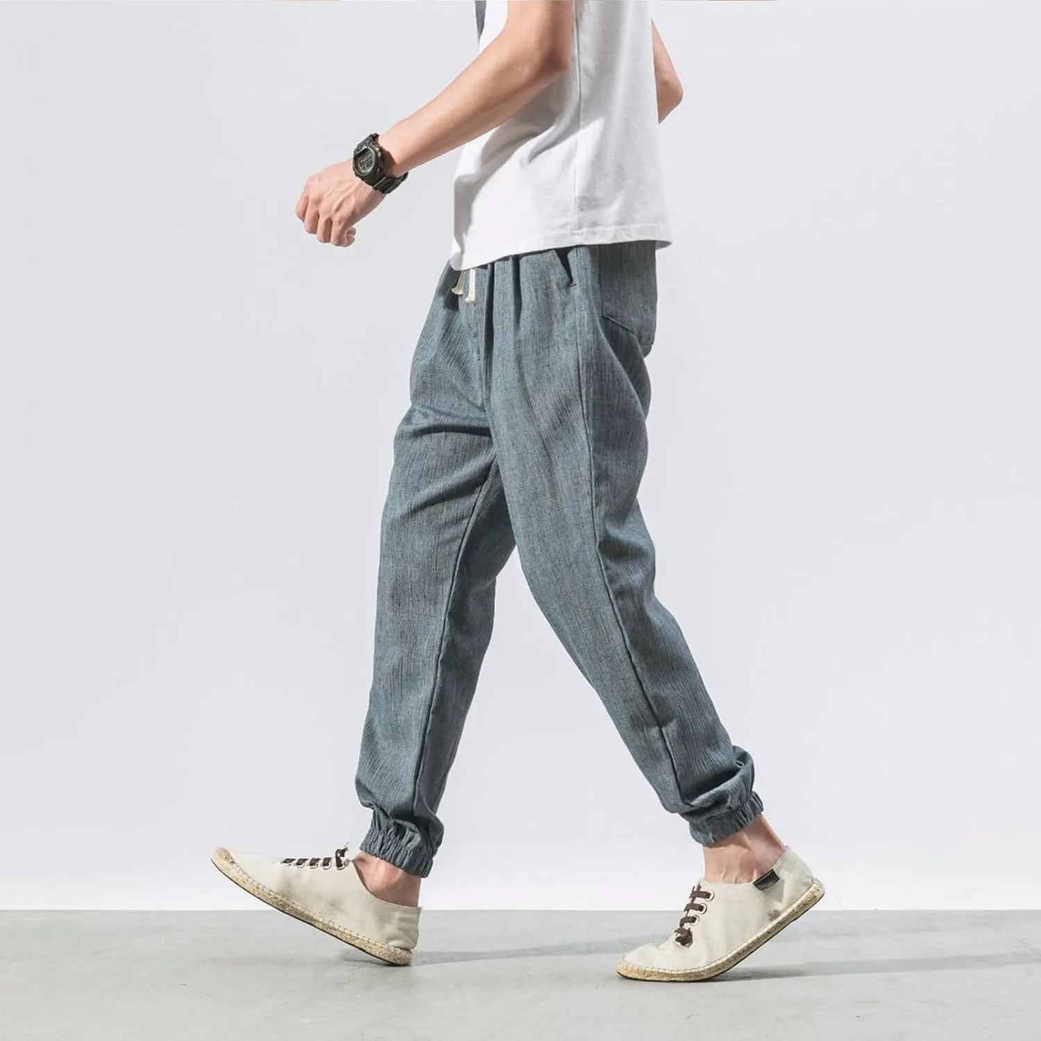 Mens Linen Pants Casual Pants Relaxed-Fit Beach Pants Summer Yoga Pants Soft Elastic Waist Pants