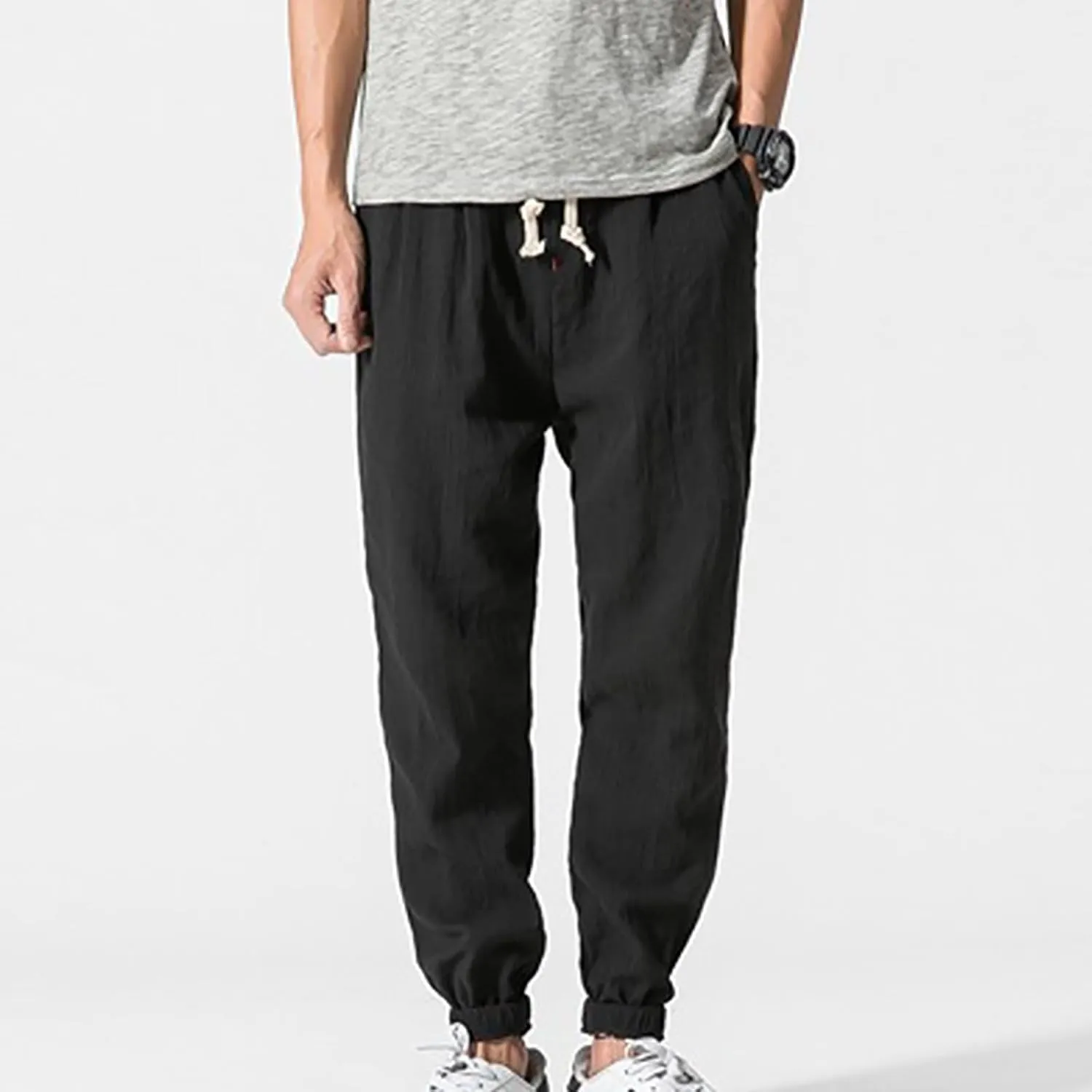 Mens Linen Pants Casual Pants Relaxed-Fit Beach Pants Summer Yoga Pants Soft Elastic Waist Pants