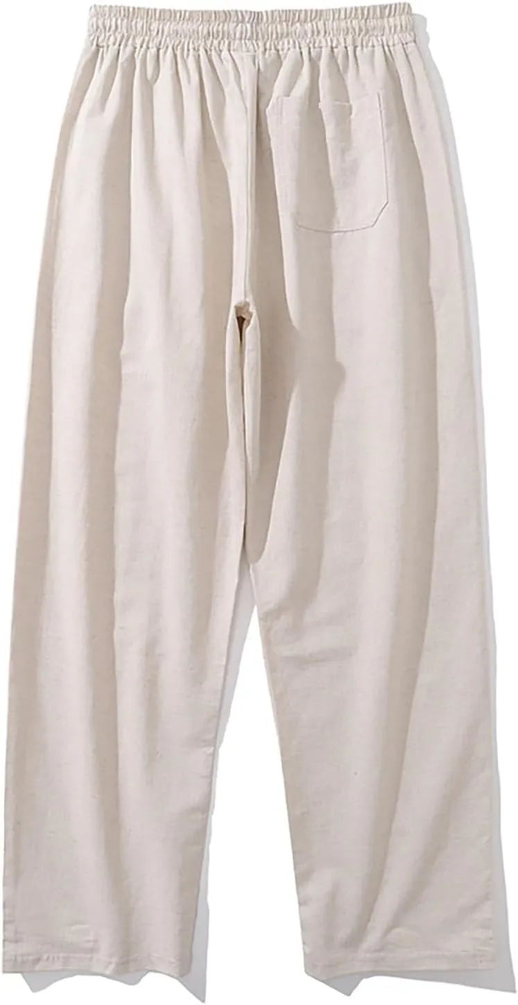 Men's Linen Pants Casual Pants Relaxed-Fit Beach Pants Summer Yoga Pants Soft Elastic Waist Pants