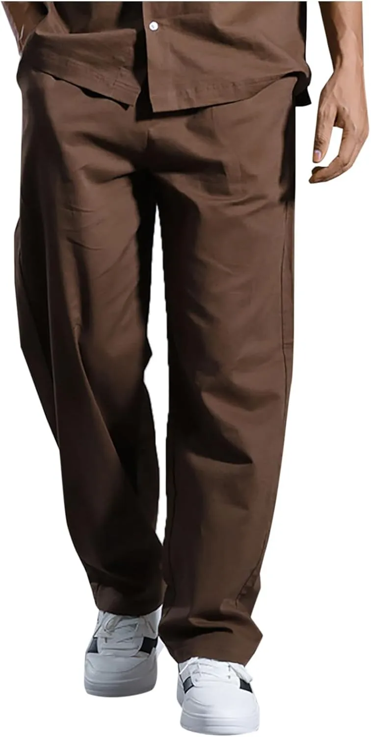 Men's Linen Pants Casual Pants Relaxed-Fit Beach Pants Summer Yoga Pants Soft Elastic Waist Pants