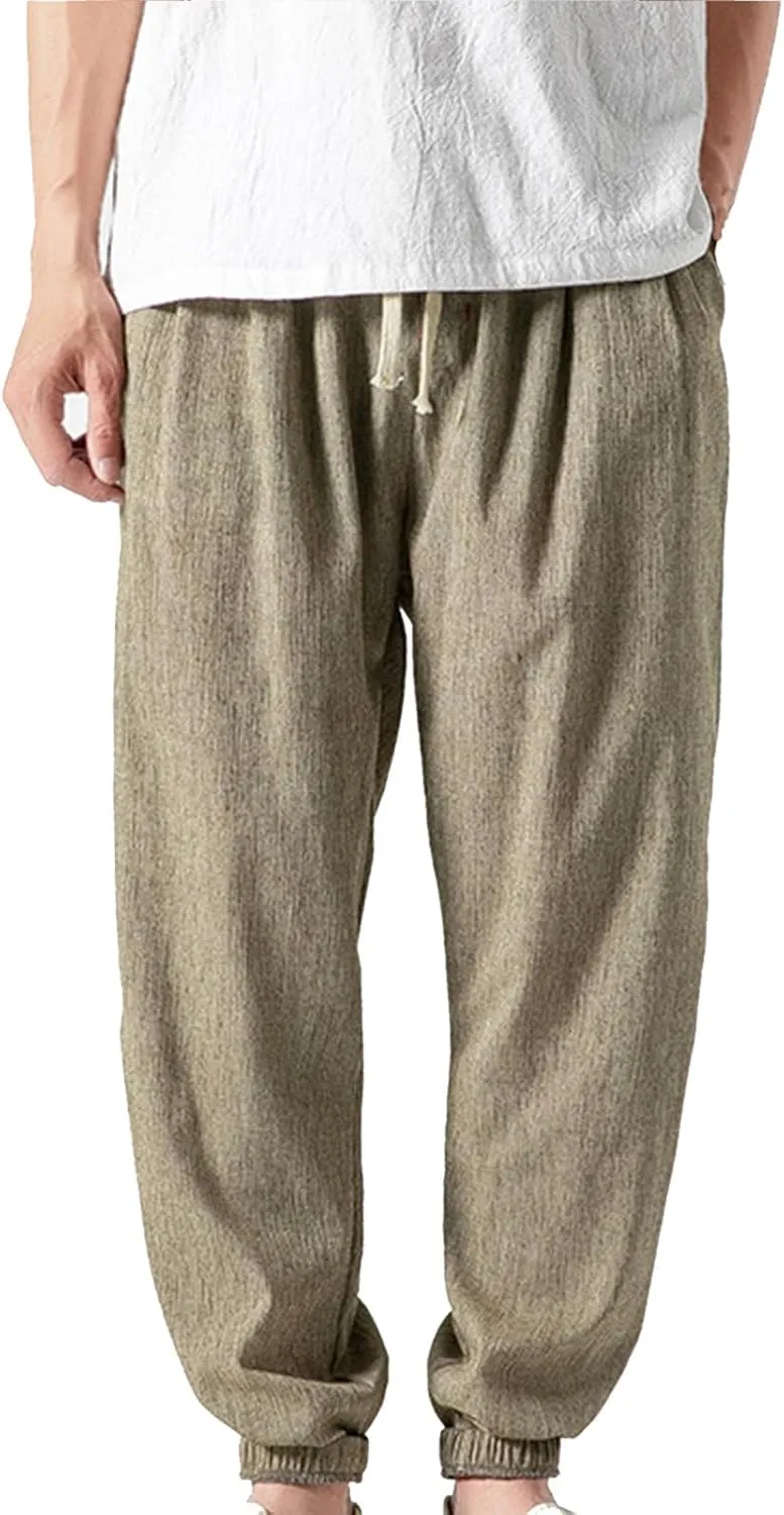 Mens Linen Pants Casual Pants Relaxed-Fit Beach Pants Summer Yoga Pants Soft Elastic Waist Pants