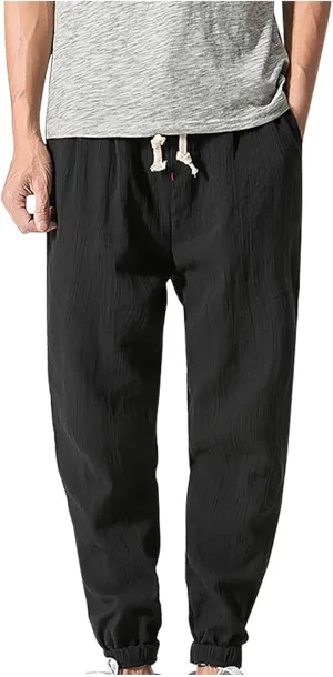 Mens Linen Pants Casual Pants Relaxed-Fit Beach Pants Summer Yoga Pants Soft Elastic Waist Pants