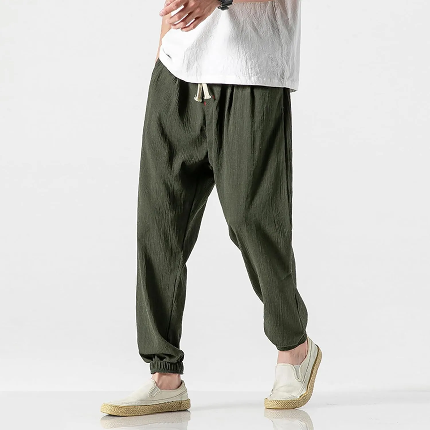 Mens Linen Pants Casual Pants Relaxed-Fit Beach Pants Summer Yoga Pants Soft Elastic Waist Pants