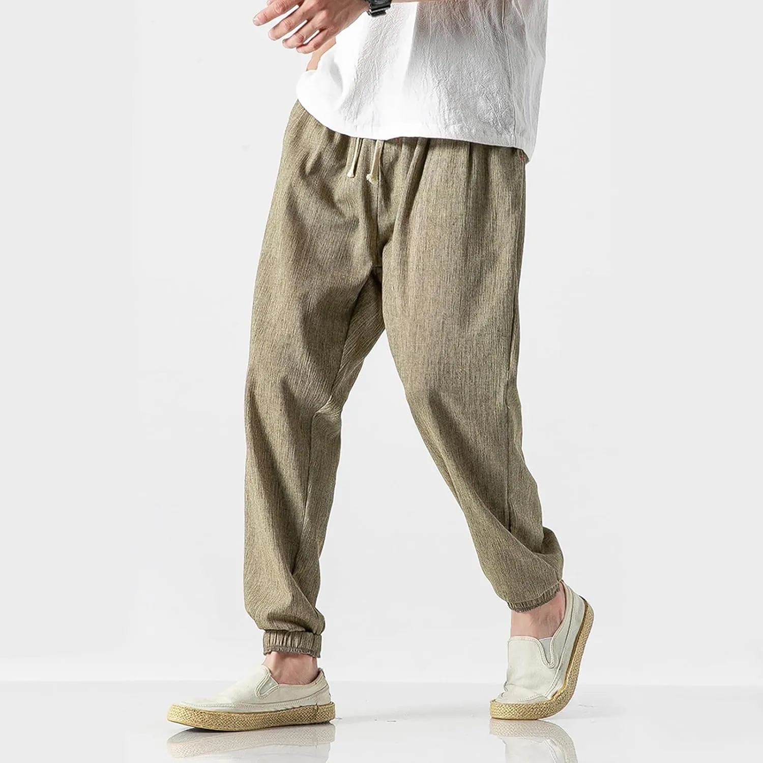 Mens Linen Pants Casual Pants Relaxed-Fit Beach Pants Summer Yoga Pants Soft Elastic Waist Pants