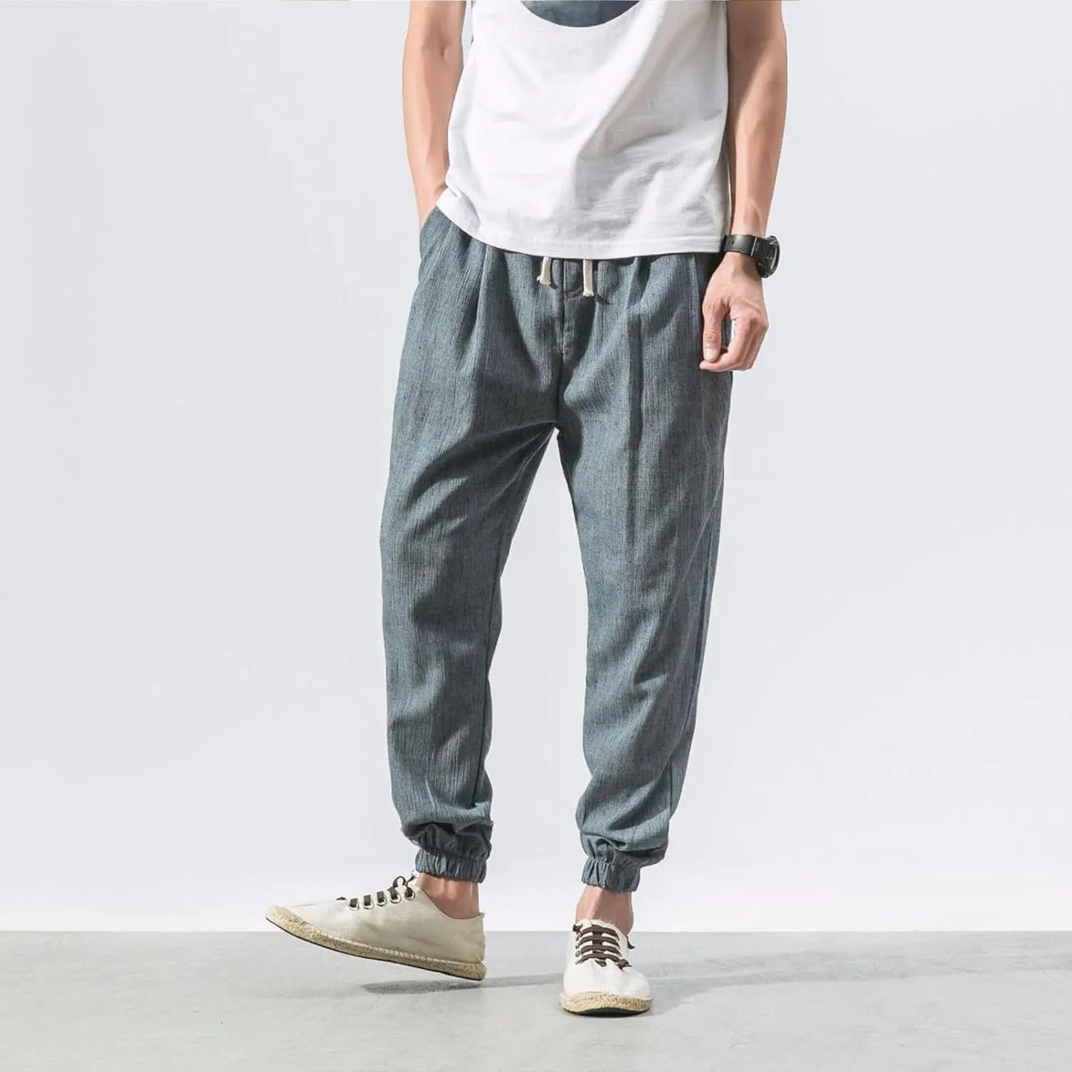 Mens Linen Pants Casual Pants Relaxed-Fit Beach Pants Summer Yoga Pants Soft Elastic Waist Pants