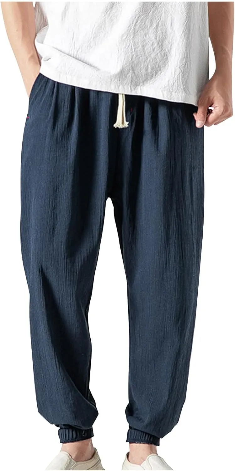 Mens Linen Pants Casual Pants Relaxed-Fit Beach Pants Summer Yoga Pants Soft Elastic Waist Pants