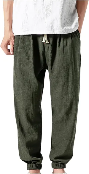 Mens Linen Pants Casual Pants Relaxed-Fit Beach Pants Summer Yoga Pants Soft Elastic Waist Pants