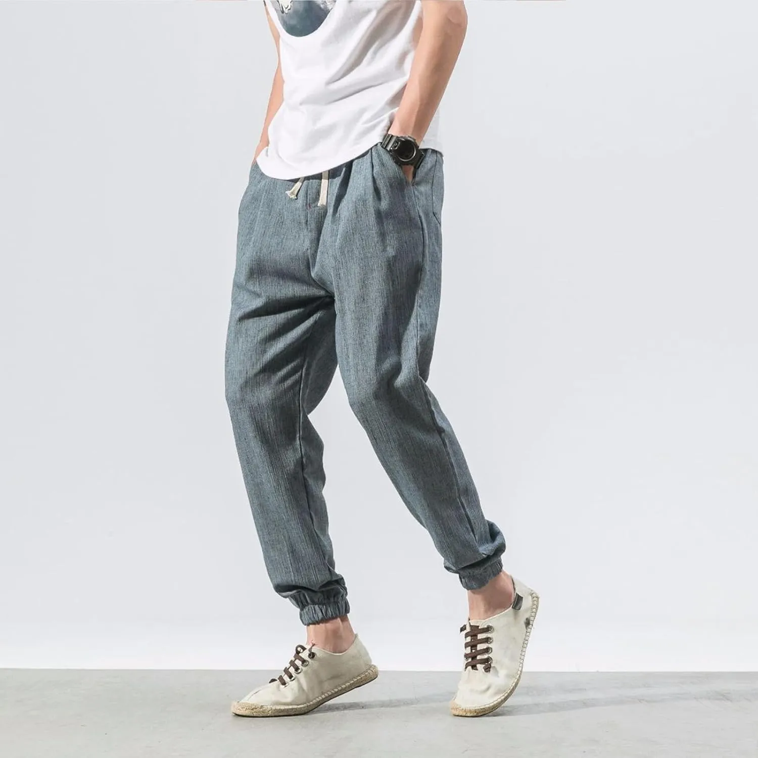 Mens Linen Pants Casual Pants Relaxed-Fit Beach Pants Summer Yoga Pants Soft Elastic Waist Pants